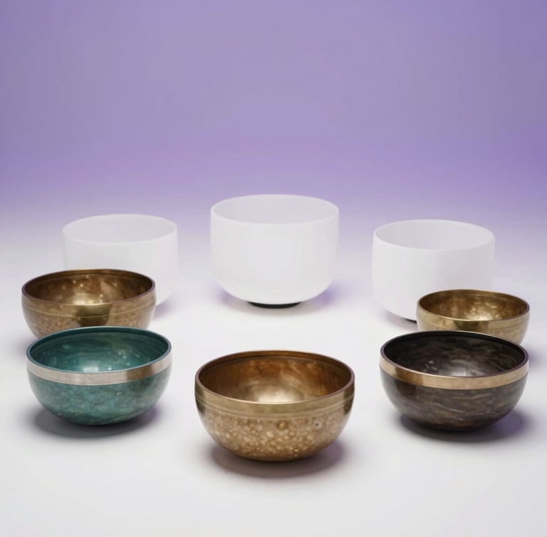 Crystal, Himalayan and Tibetan singing bowls used for sound healing at Naada Ananda