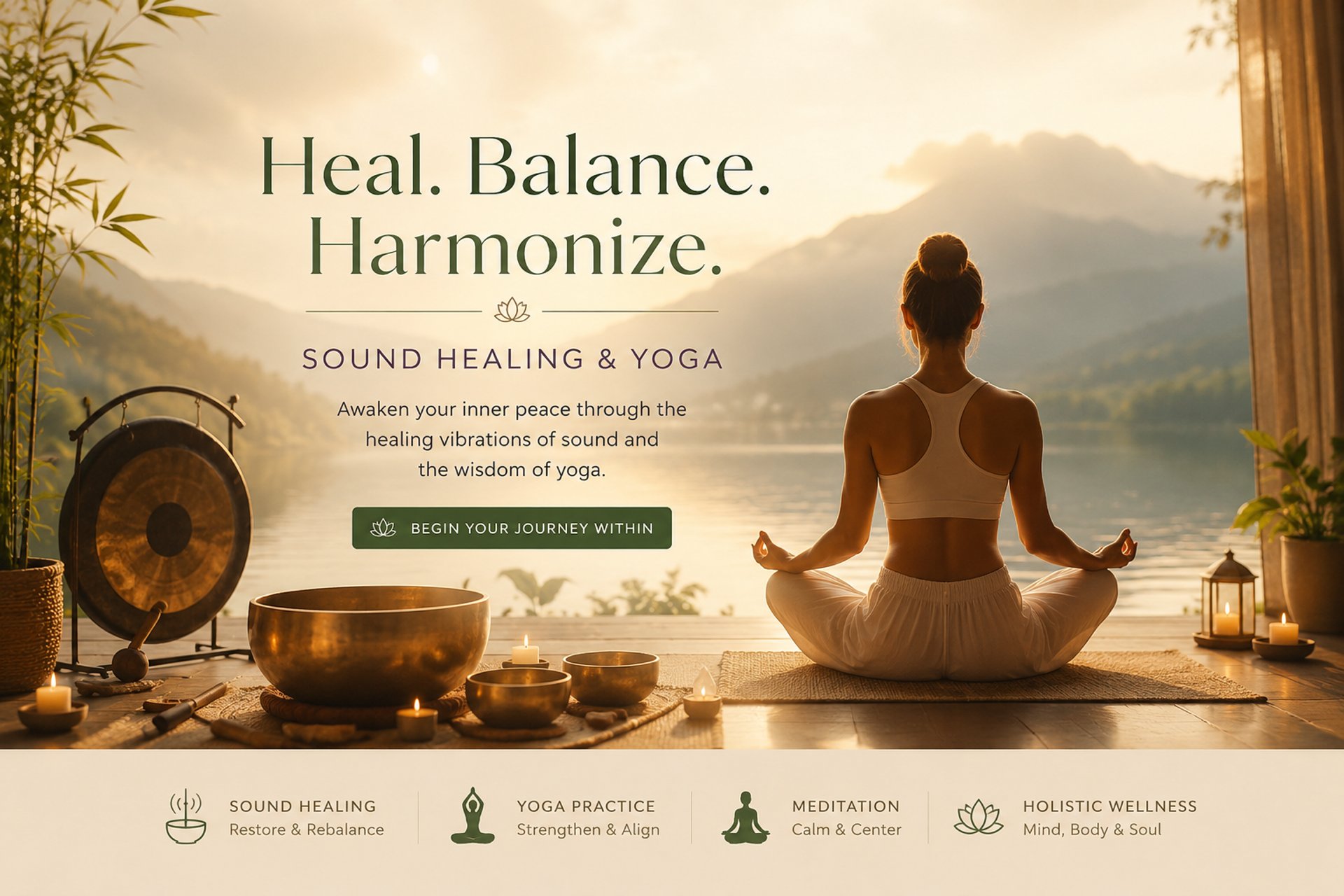 Sound healing and yoga at Naada Ananda: meditation by a lake with brass singing bowls and a gong