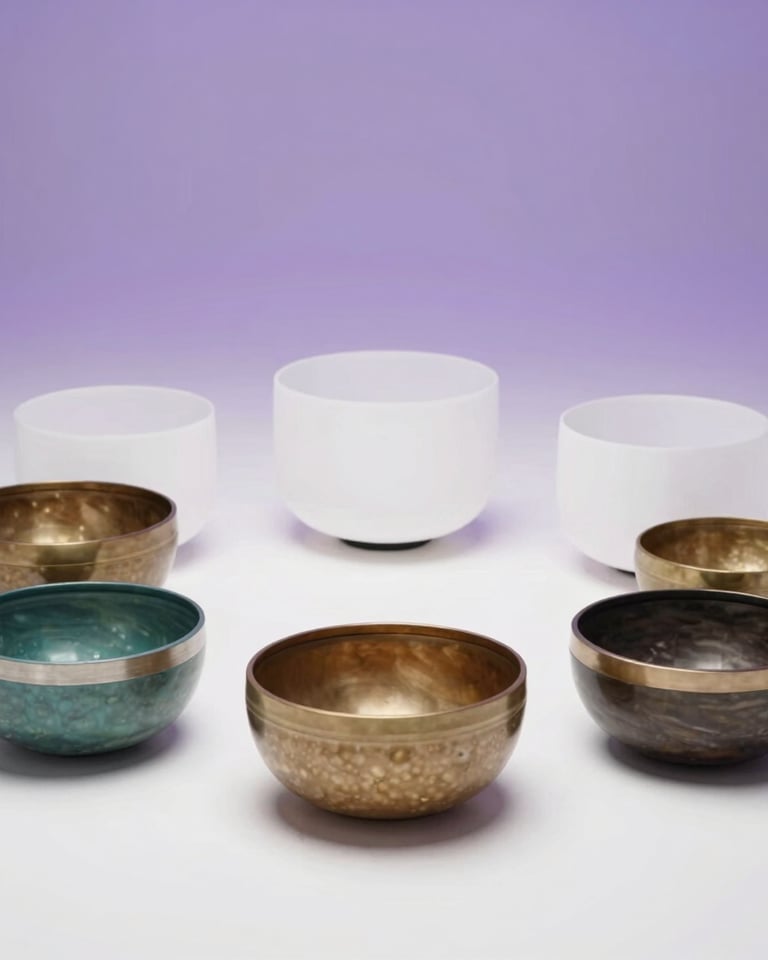 Crystal quartz and Himalayan singing bowls for chakra balancing sound therapy