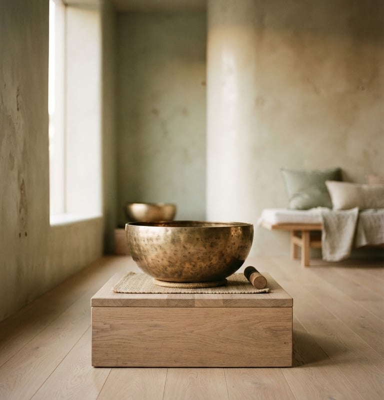 Naada Ananda sound healing studio with a brass singing bowl on a wooden plinth